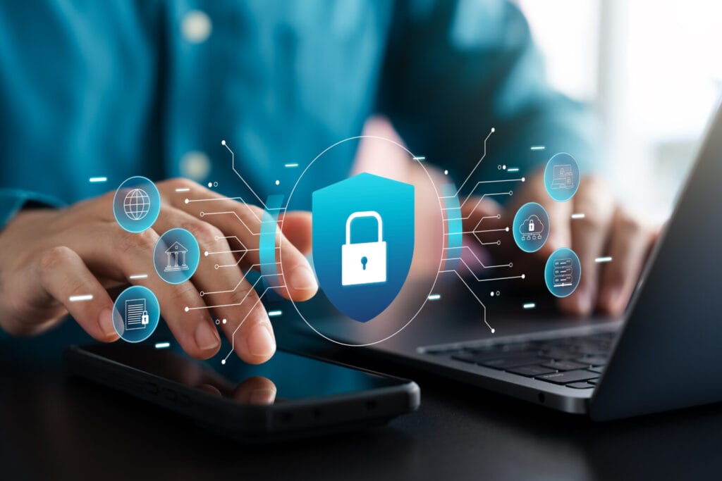 cyber security and data protection, businessman using laptop and tablet internet network security system, protecting business financial transaction data from cyber attacks, secure data encryption.