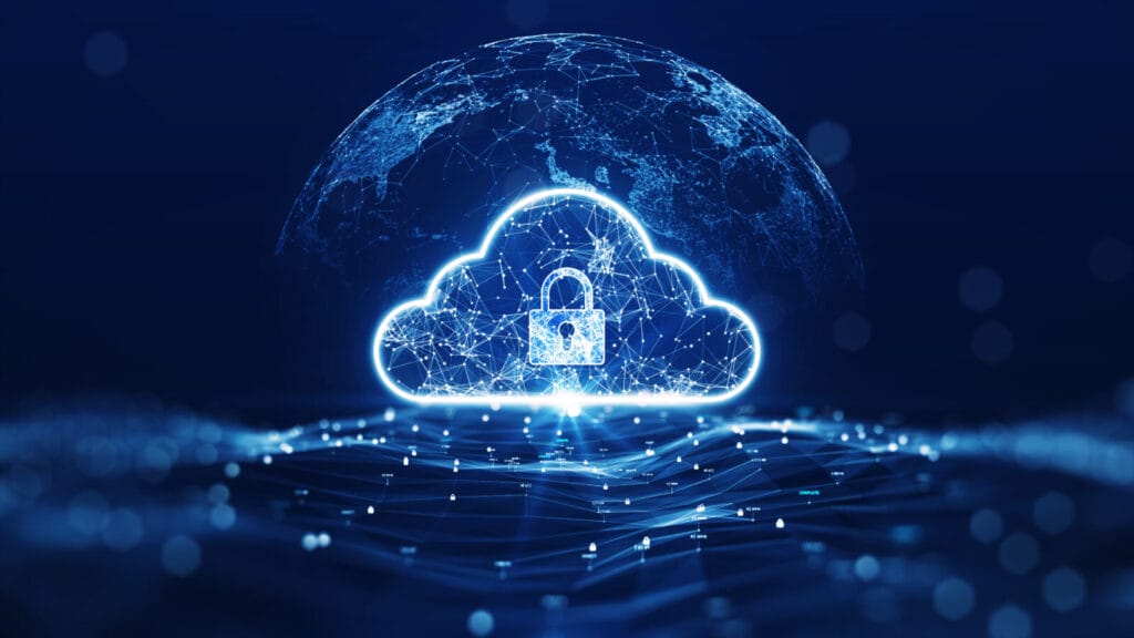cloud computing technology concept transfer database to cloud. there is a large cloud icon that stands out in the center of the abstract world above the polygon with a dark blue background.
